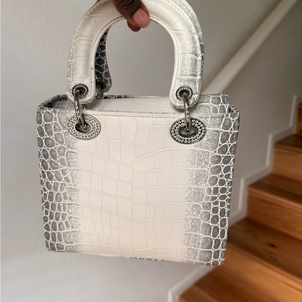 Lady Dior Small Croc Embossed Top-Handle Bag in White and Silver - Picture 2 of 5
